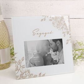 'Engaged' Pale Grey Glass Gold Floral Frame 6" x 4"