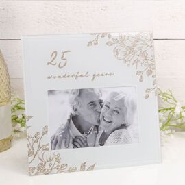 25 Wonderful Years Pale Grey Glass Gold Floral Frame 6" x 4"