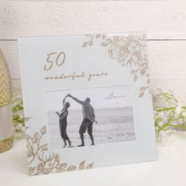 50 Wonderful Years Pale Grey Glass Gold Floral Frame 6" x 4"