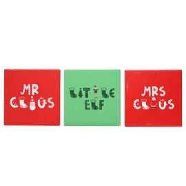 Set of 3 Square Ceramic Coasters - Mr Claus, Mrs Claus, Little Elf