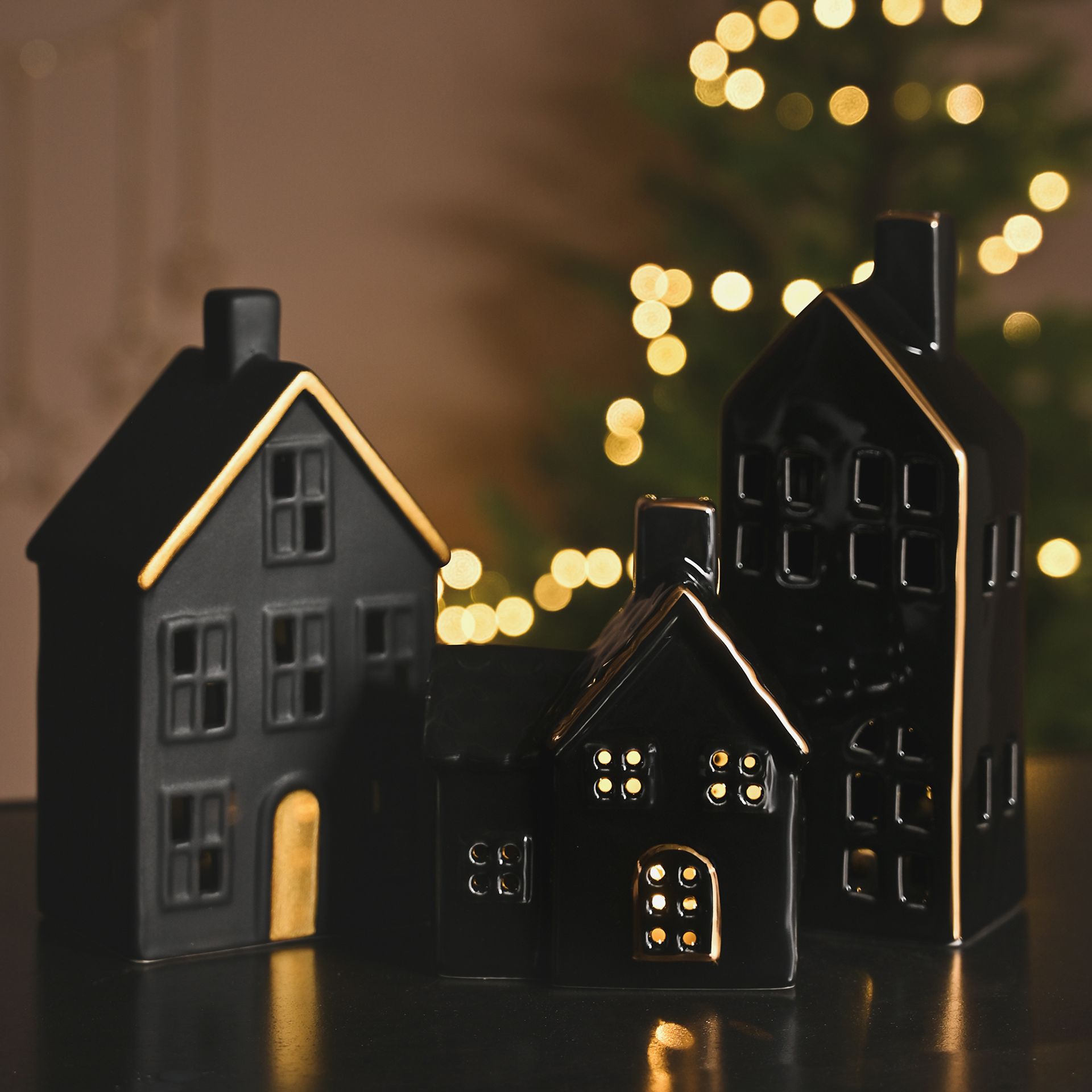 **MULTI 2** Light Up LED House Decoration with Gold Trim Door Widdop