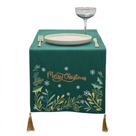 Green Table Runner with Embroidery, Beading & Tassels