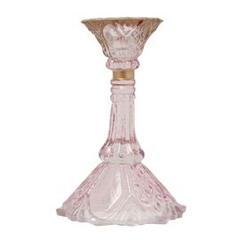 Glass Candlestick Holder with Gold Rim - Pink