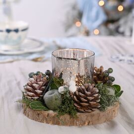 Mixed Foliage Blue Single Mercury Glass Candle Holder Centrepiece