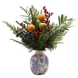 Vase with Faux Citrus Christmas Foliage - Oranges & Berries 44cm