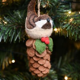 **MULTI 12** Hanging Bird On Pinecone - Natural - 15cm