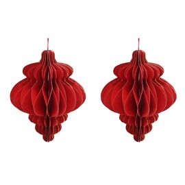 Deep Red Set of 2 Paper Ornate Baubles with Gold Edge - 15cm
