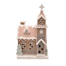 Santa & Friends Light Up Pastel Gingerbread Church - 23cm