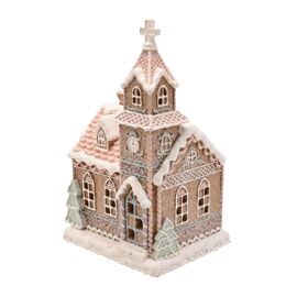 Santa & Friends Light Up Pastel Gingerbread Church - 23cm