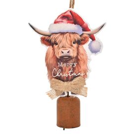 **MULTI 12** Highland Cow Hanging Plaque with Bell 'Merry Christmas'