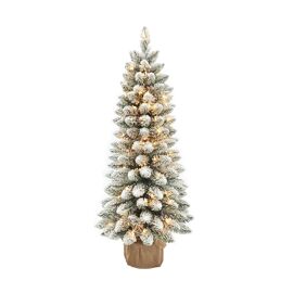 Pre-Lit Flocked Slim Fur 3ft Christmas Tree with Burlap Wrap Base - 50 Clear Lights