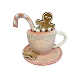 Large Fabric Coffee Cup Ornament with Gingerbread Man in Pink 23cm x 21cm x 24cm