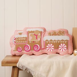 Pink Gingerbread Train Shaped Cushion in Chenille Fabric