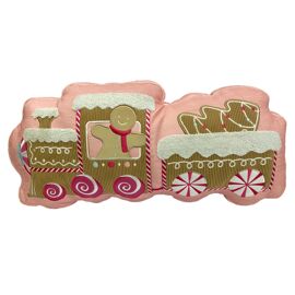 Pink Gingerbread Train Shaped Cushion in Chenille Fabric