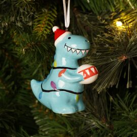 Blue Dinosaur Holding Bauble Hanging Decoration 3.5"