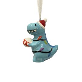 Blue Dinosaur Holding Bauble Hanging Decoration 3.5"