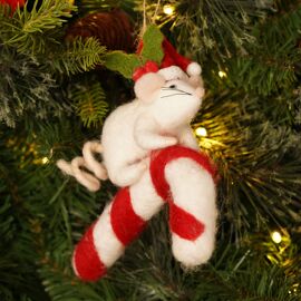 Felt Hanging Tree Decoration - Mouse On Candy Cane