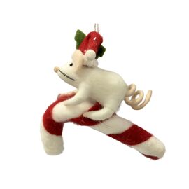 Felt Hanging Tree Decoration - Mouse On Candy Cane