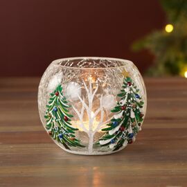 Crackle Glass Tea Light Holder with Christmas Tree Design 12 cm
