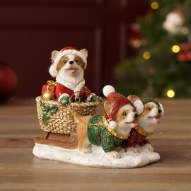 Resin Dog Figurine Pulling Dog In Basket on Sleigh