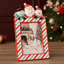 Resin Striped Photo Frame Santa & Snowmen 3" x 5"
