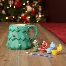 Paint Your Own Tree Mug Includes 1 ceramic Christmas Tree Mug, 4 paint pots, 1 brush