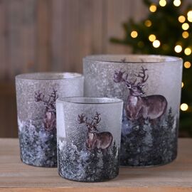 Set of 3 Glass Candle Holders - Woodland Stag