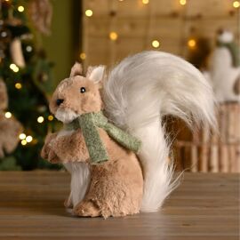 Natural Colour Fabric Squirrel with Green Mossy Scarf, 26 x 11 x 24cm