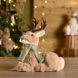 Natural Colour Fabric Lying Deer with Green Mossy Scarf 21 x 11 x 25cm