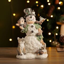 Resin Snowman Figurine with Woodland Animals and Sparkle Finish 21cm