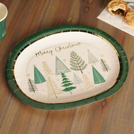 **MULTI 12** Set of 6 Christmas Forest Oval Hot-Stamped Paper Plate 30.5 x 27cm
