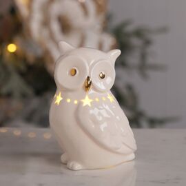 LED Ceramic Owl White & Gold. (Includes 3 x LR44 Batteries)