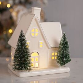 LED Ceramic White & Gold House with Brush Christmas Trees (Includes 3xLR44 Batteries)