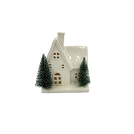 LED Ceramic White & Gold House with Brush Christmas Trees (Includes 3xLR44 Batteries)