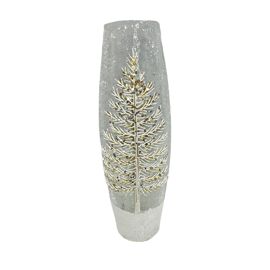 Crackle and Frosted Glass Vase with Handpainted Silver Tree and Sparkle/ Sequin Effect 30cm
