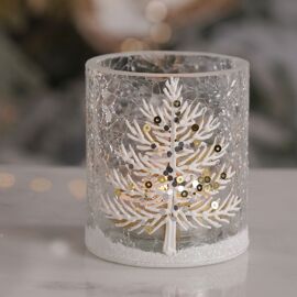 Crackle and Frosted Glass Votive with Handpainted Silver Tree and Sparkle/ Sequin Effect 7.5cm