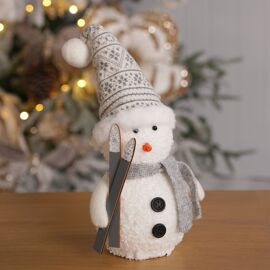 Fabric & Wood Snowman Mantel Decoration with Skis Seated - 26cm