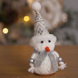 **MULTI 6** Fabric & Wood Snowman Mantel Decoration with Skis Seated - 13cm