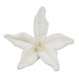 Faux Plush Orchid White Flower with Silver Sparkle 20×20×6cm with Clip