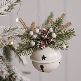 Hanging White Bell Ornament with Woven Antlers and Frosted Pine Cones/ Berries