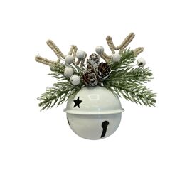 Hanging White Bell Ornament with Woven Antlers and Frosted Pine Cones/ Berries