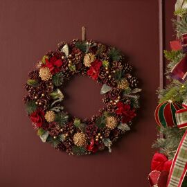 Luxury Wreath with Red, Gold and Green Pinecones in Brown Showbox 48cm