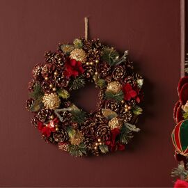 Luxury Wreath with Red, Gold and Green Pinecones in Brown Showbox 38cm