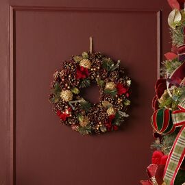 Luxury Wreath with Red, Gold and Green Pinecones in Brown Showbox 38cm