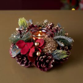 Luxury Candleholder Wreath with Red, Gold and Green Pinecones with 1 Glass 18cm