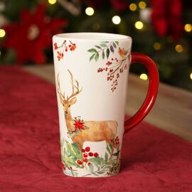Ceramic Natural Effect Large Mug with Red Handle and Deer in Foliage Pattern 16cm