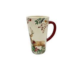 Ceramic Natural Effect Large Mug with Red Handle and Deer in Foliage Pattern 16cm