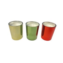 Set of 3 70g Pine Scented Candle in Metallic Red, Green and Gold Glass Jars 5% fragrance