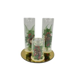 Set of 3 Glass Tea Light Holders with Gold Mirror Base and Red Berry Foliage