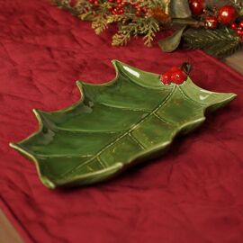 Green Holly Leaf Ceramic and Berry Serving/ Cookie Dish